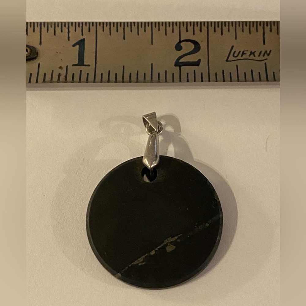 Black Stone Necklace Pendant With Silver Tone Hardware - About 1 Inch in Diamete
